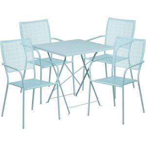 Flash Furniture Commercial Grade 28″ Square Black Indoor-Outdoor Steel Folding Patio Table Set with 4 Square Back Chairs(Sky Blue)