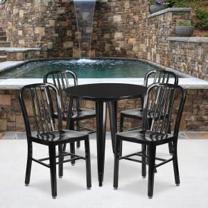 Flash Furniture Commercial Grade 30″ Round Blue Metal Indoor-Outdoor Table Set with 4 Vertical Slat Back Chairs(Black)