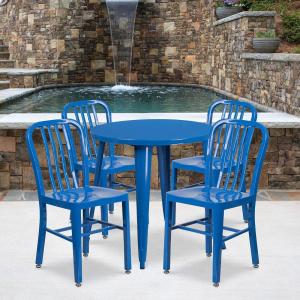 Flash Furniture Commercial Grade 30″ Round Blue Metal Indoor-Outdoor Table Set with 4 Vertical Slat Back Chairs(Blue)