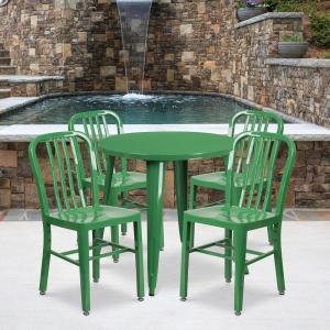 Flash Furniture Commercial Grade 30″ Round Blue Metal Indoor-Outdoor Table Set with 4 Vertical Slat Back Chairs(Green)