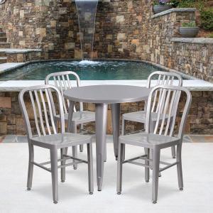 Flash Furniture Commercial Grade 30″ Round Blue Metal Indoor-Outdoor Table Set with 4 Vertical Slat Back Chairs(Grey)