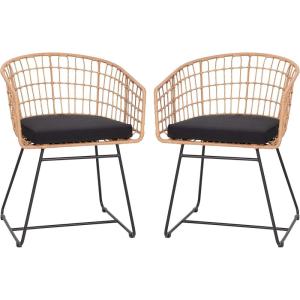 Flash Furniture Devon Set of 2 Patio Boho Club Chairs – Rope with Natural Finish PE Wicker Rattan – Black Seat Cushions and Sled Base – Indoor/Outdoor Use