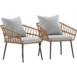 Flash Furniture Evin Set of 2 Boho Indoor/Outdoor Patio Chairs – Natural Finish Faux Rattan Wicker – Gray All-Weather Cushions – Integrated Armrests