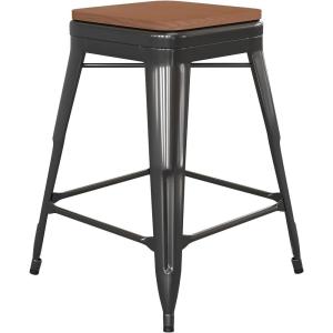 Flash Furniture Kai Commercial Grade Indoor-Outdoor Bar Height Stool – Silver Metal Frame – Gray Poly Resin Seat – 30″ High – Backless(Black/Teak)