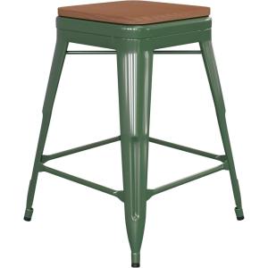 Flash Furniture Kai Commercial Grade Indoor-Outdoor Bar Height Stool – Silver Metal Frame – Gray Poly Resin Seat – 30″ High – Backless(Green/Teak)