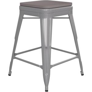 Flash Furniture Kai Commercial Grade Indoor-Outdoor Bar Height Stool – Silver Metal Frame – Gray Poly Resin Seat – 30″ High – Backless(Silver/Gray)