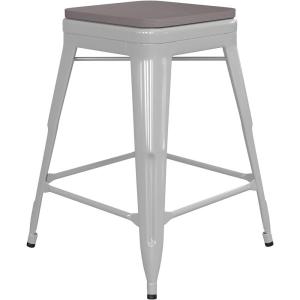 Flash Furniture Kai Commercial Grade Indoor-Outdoor Bar Height Stool – Silver Metal Frame – Gray Poly Resin Seat – 30″ High – Backless(White/Gray)
