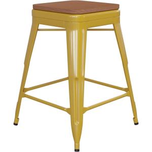 Flash Furniture Kai Commercial Grade Indoor-Outdoor Bar Height Stool – Silver Metal Frame – Gray Poly Resin Seat – 30″ High – Backless(Yellow/Teak)