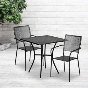 Flash Furniture Oia Commercial Grade 28″ Square Black Indoor-Outdoor Steel Patio Table Set with 2 Square Back Chairs(Black)