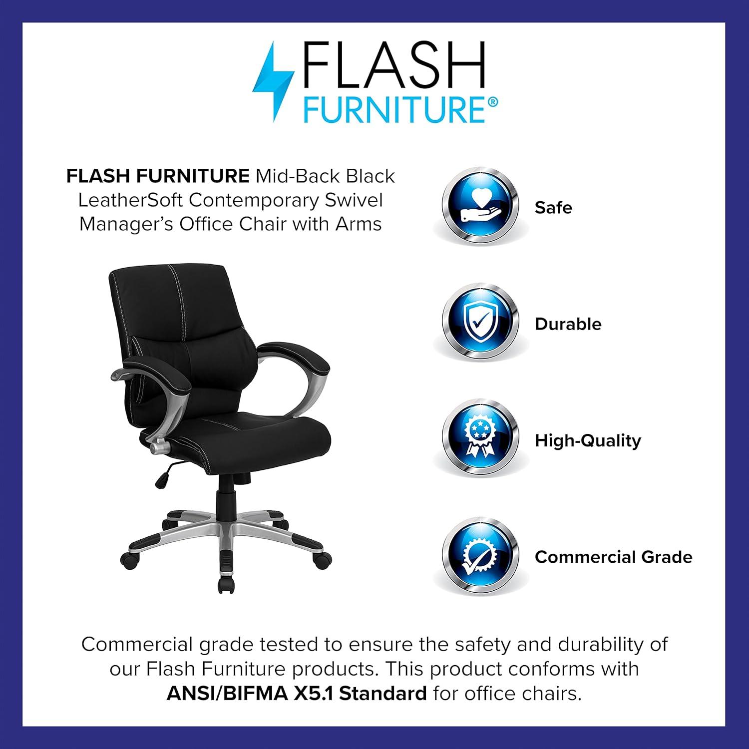 image:imageFlash Furniture Bodie MidBack Black LeatherSoft Contemporary Swivel Managers Office Chair with Arms