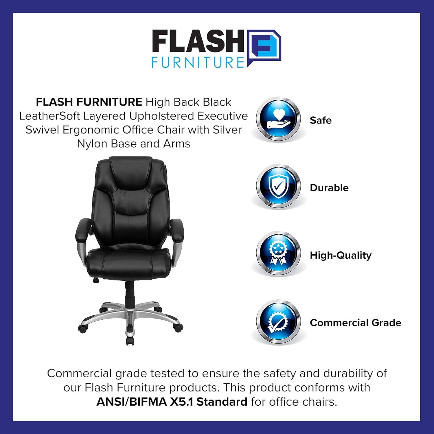 image:imageFlash Furniture Heather High Back Black LeatherSoft Layered Upholstered Executive Swivel Ergonomic Office Chair with Silver Nylon Base and Arms
