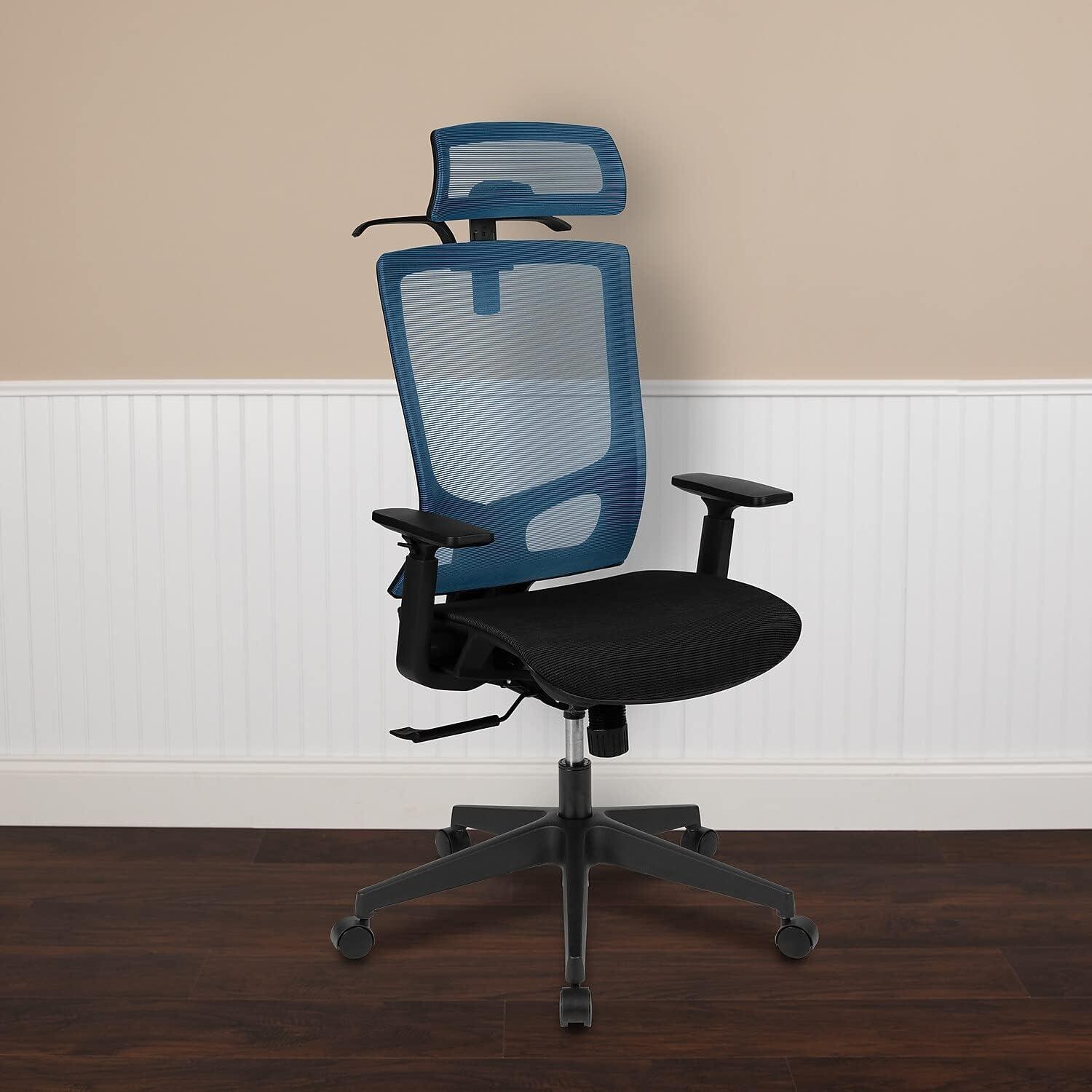 image:imageFlash Furniture Layla Ergonomic Mesh Office Chair with SynchroTilt Pivot Adjustable Headrest Lumbar Support Coat Hanger and Adjustable Arms in BlueBlack