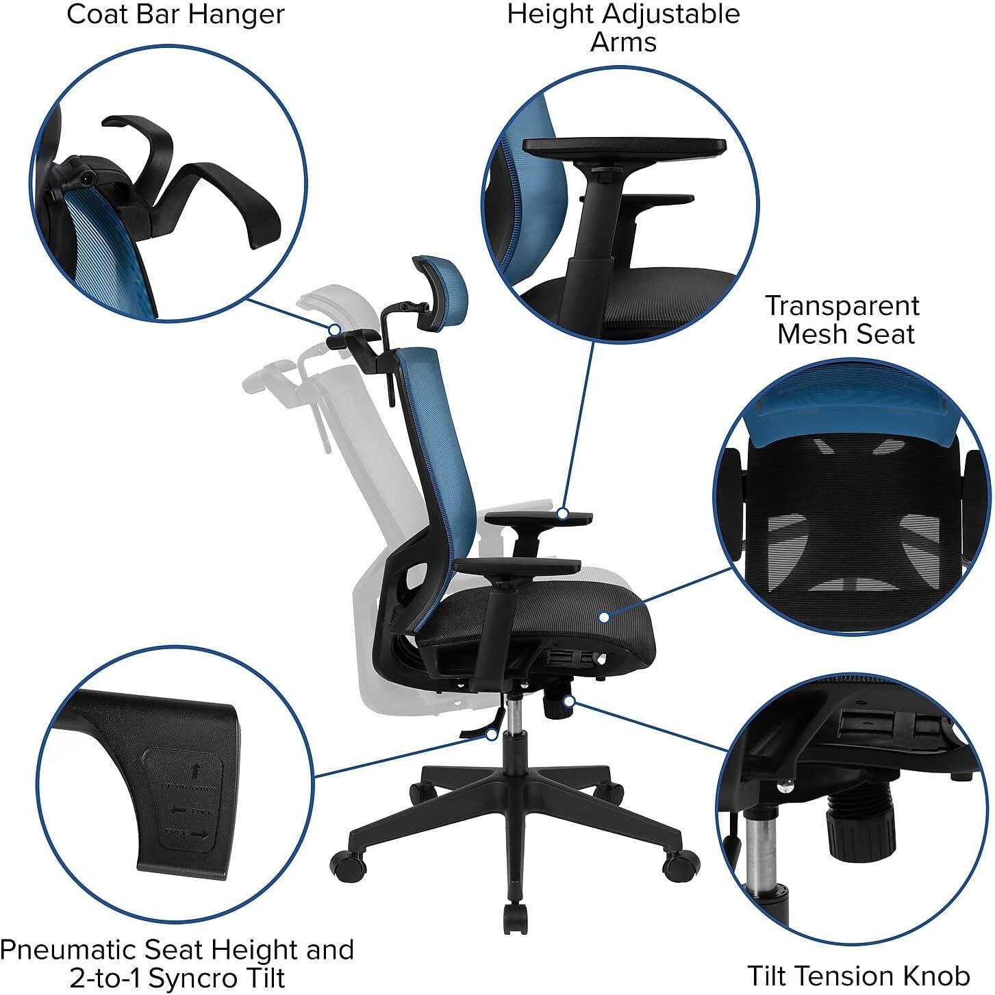 image:imageFlash Furniture Layla Ergonomic Mesh Office Chair with SynchroTilt Pivot Adjustable Headrest Lumbar Support Coat Hanger and Adjustable Arms in BlueBlack