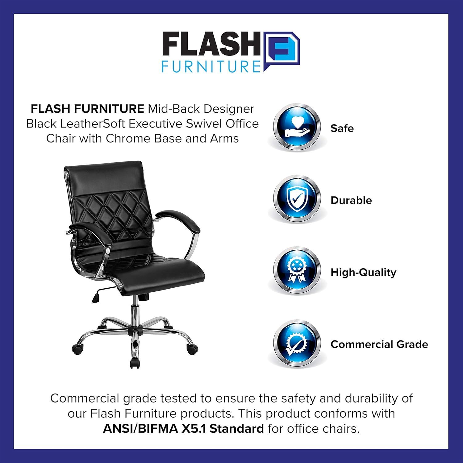 image:imageFlash Furniture Merideth MidBack Designer Black LeatherSoft Executive Swivel Office Chair with Chrome Base and Arms