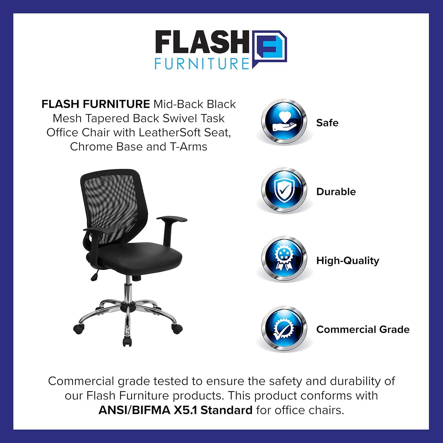 image:imageFlash Furniture Norris MidBack Black Mesh Tapered Back Swivel Task Office Chair with LeatherSoft Seat Chrome Base and TArmsBlack LeathersoftMesh