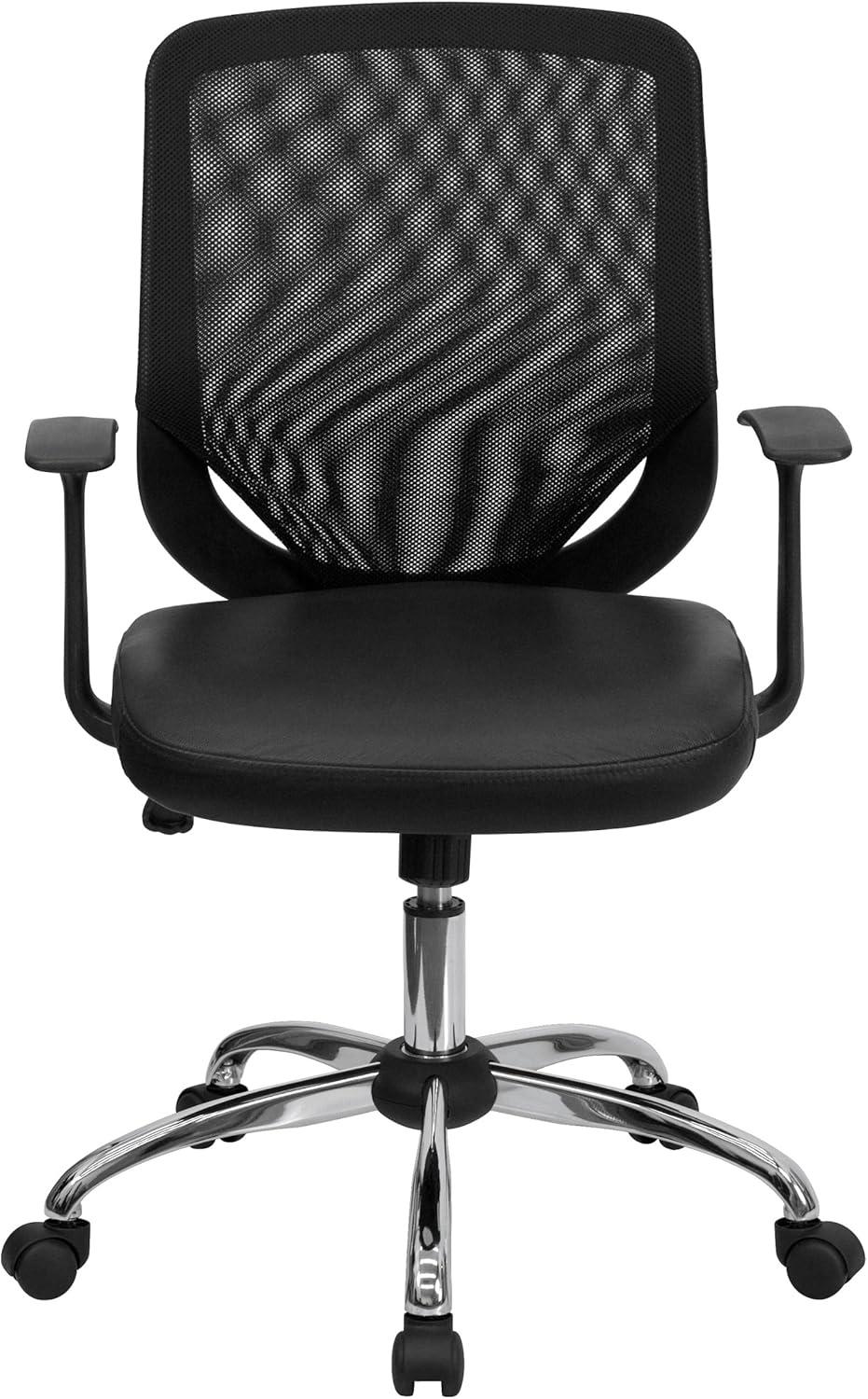 image:imageFlash Furniture Norris MidBack Black Mesh Tapered Back Swivel Task Office Chair with LeatherSoft Seat Chrome Base and TArmsBlack LeathersoftMesh