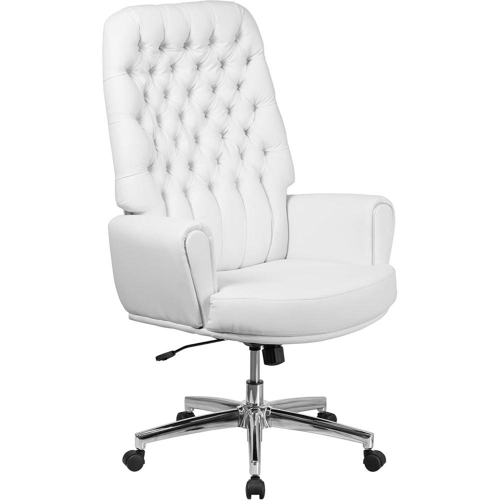 image:imageFlash Furniture Hansel High Back Traditional Tufted Black LeatherSoft Executive Swivel Office Chair with Silver Welt ArmsWhite