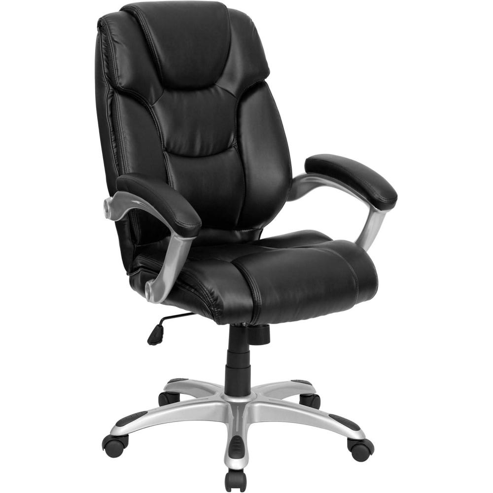 image:imageFlash Furniture Heather High Back Black LeatherSoft Layered Upholstered Executive Swivel Ergonomic Office Chair with Silver Nylon Base and Arms