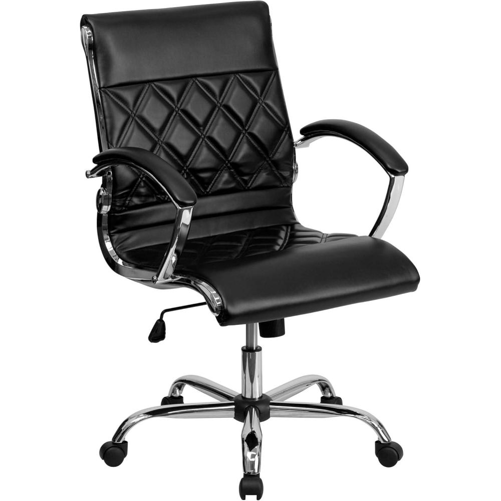 image:imageFlash Furniture Merideth MidBack Designer Black LeatherSoft Executive Swivel Office Chair with Chrome Base and Arms