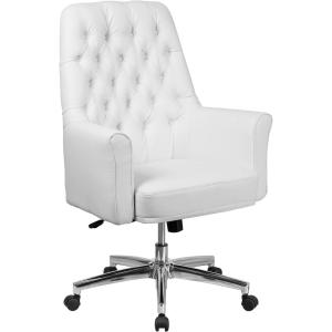 Flash Furniture Hansel Mid-Back Traditional Tufted White LeatherSoft Executive Swivel Office Chair with Arms(White)