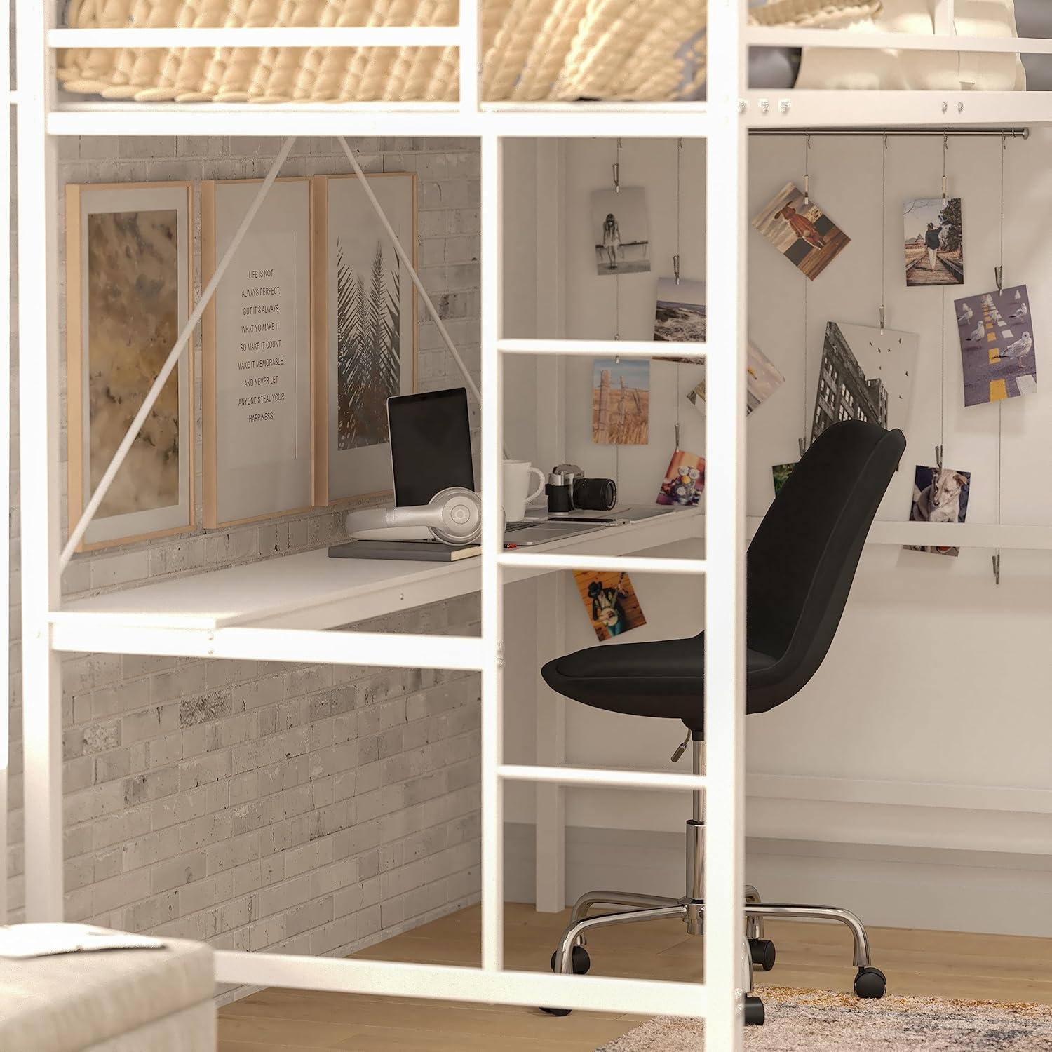 image:imageFlash Furniture Jake Loft Bed Frame with Desk Twin Size Black Metal Frame 250 lbs Static Weight Capacity Protective Guard Rails Assembles in 1 Hour or LessWhite