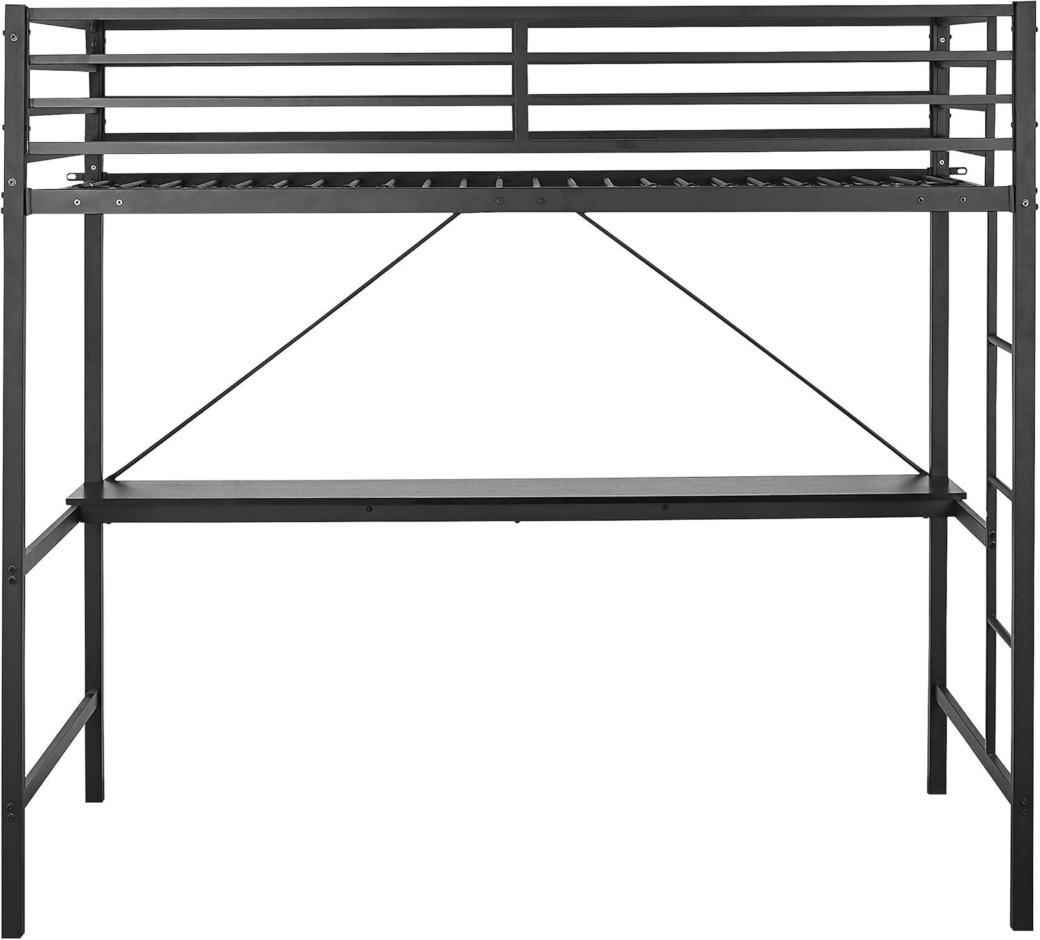 image:imageFlash Furniture Jake Loft Bed Frame with Desk Twin Size Black Metal Frame 250 lbs Static Weight Capacity Protective Guard Rails Assembles in 1 Hour or LessBlack