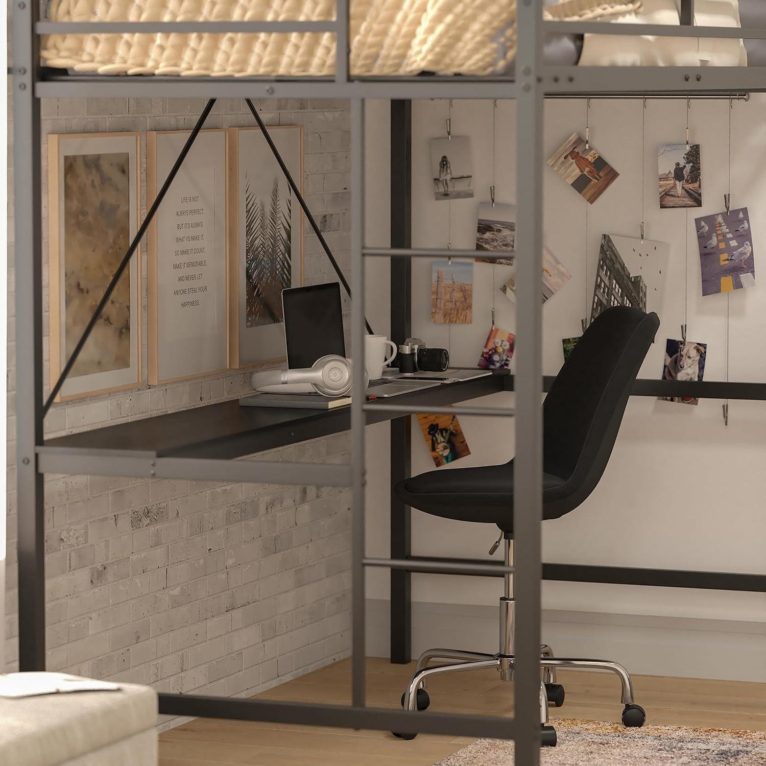 image:imageFlash Furniture Jake Loft Bed Frame with Desk Twin Size Black Metal Frame 250 lbs Static Weight Capacity Protective Guard Rails Assembles in 1 Hour or LessBlack