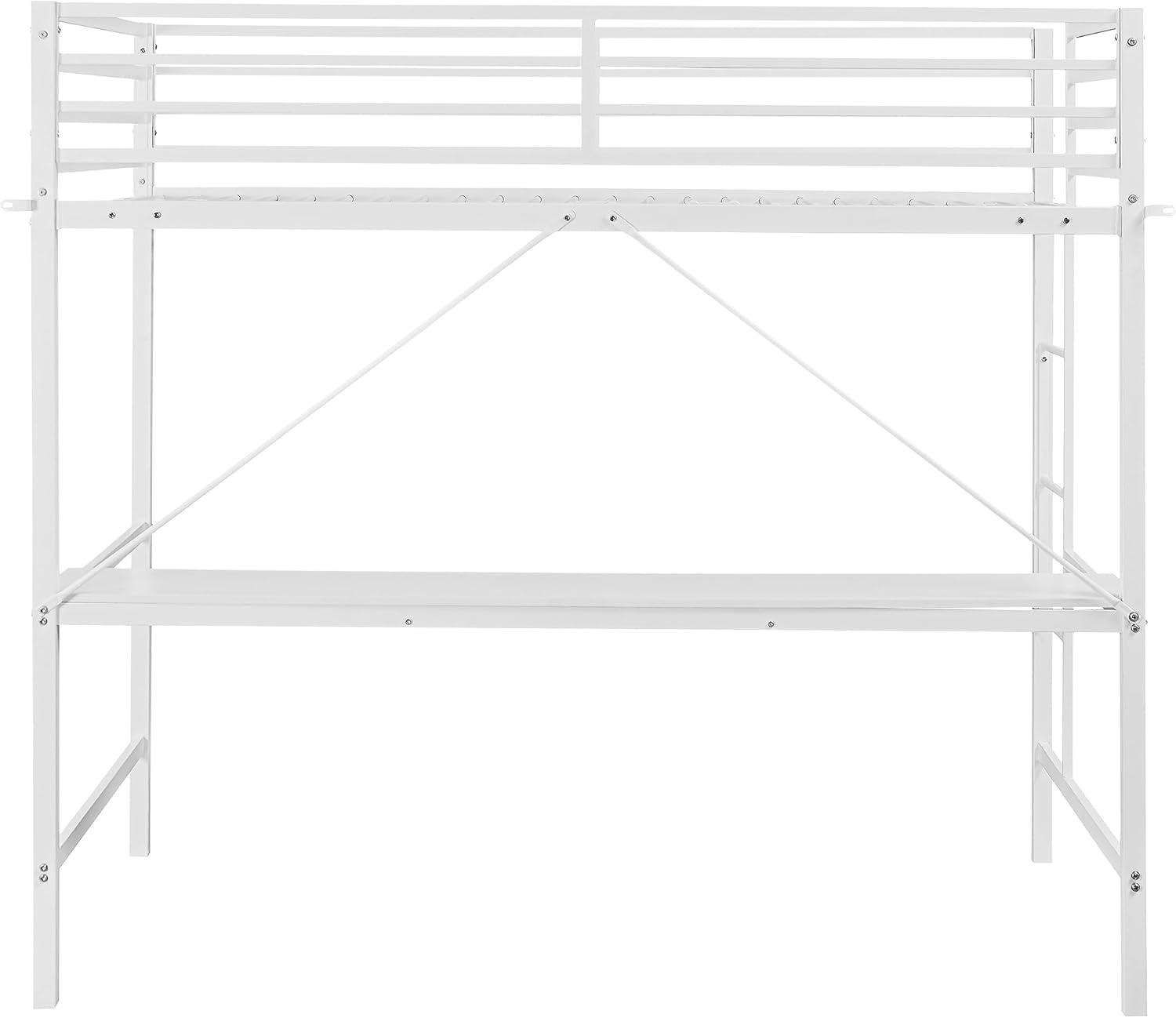 image:imageFlash Furniture Jake Loft Bed Frame with Desk Twin Size Black Metal Frame 250 lbs Static Weight Capacity Protective Guard Rails Assembles in 1 Hour or LessWhite