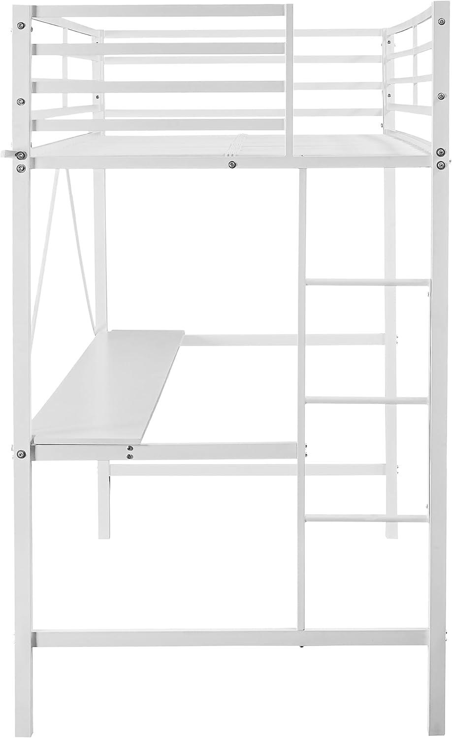 image:imageFlash Furniture Jake Loft Bed Frame with Desk Twin Size Black Metal Frame 250 lbs Static Weight Capacity Protective Guard Rails Assembles in 1 Hour or LessWhite
