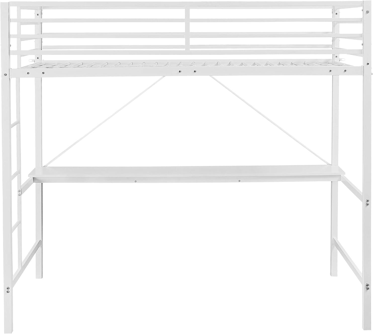 image:imageFlash Furniture Jake Loft Bed Frame with Desk Twin Size Black Metal Frame 250 lbs Static Weight Capacity Protective Guard Rails Assembles in 1 Hour or LessWhite