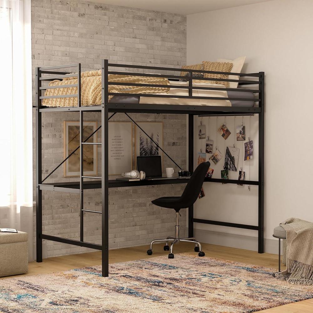 image:imageFlash Furniture Jake Loft Bed Frame with Desk Twin Size Black Metal Frame 250 lbs Static Weight Capacity Protective Guard Rails Assembles in 1 Hour or LessBlack