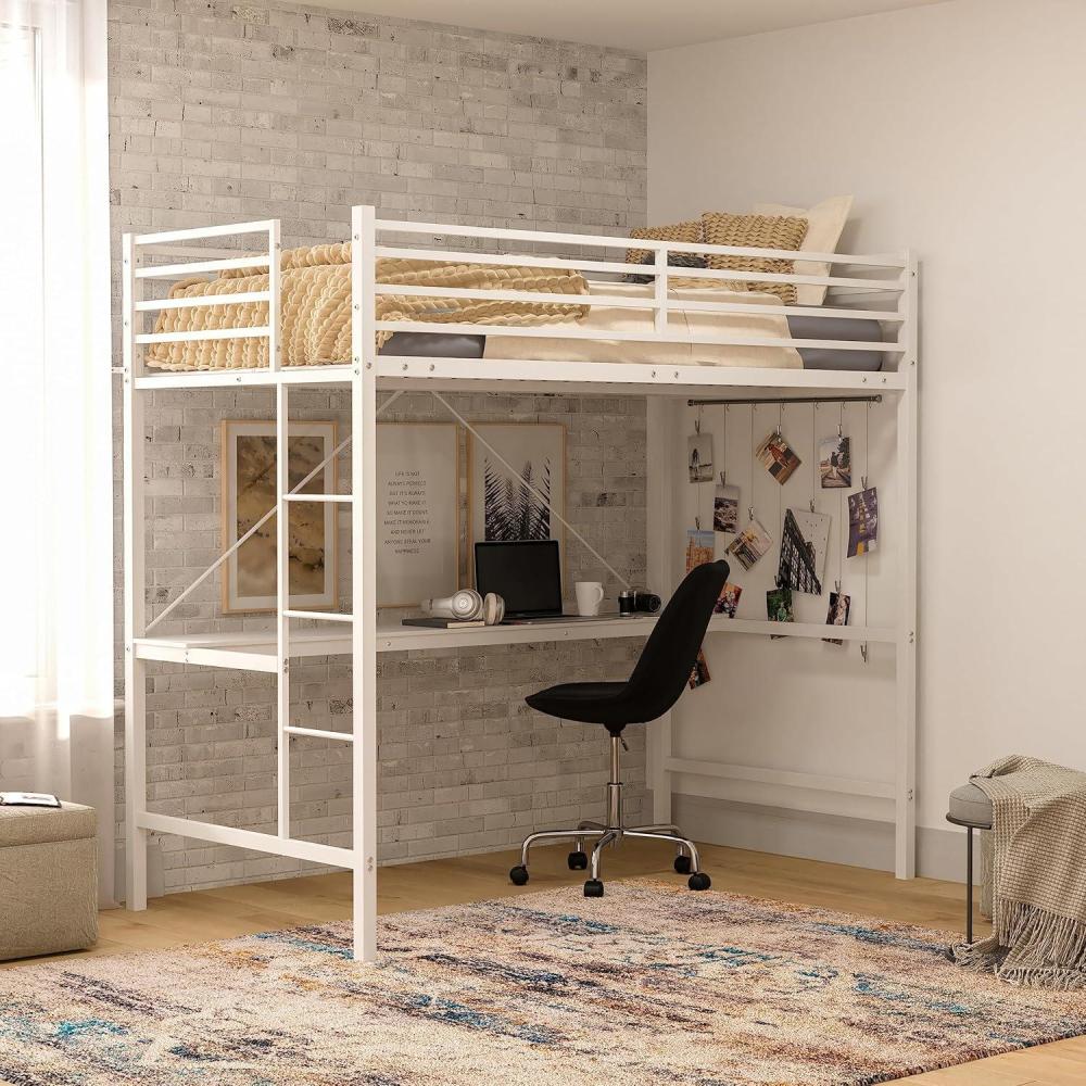 image:imageFlash Furniture Jake Loft Bed Frame with Desk  Twin Size  Black Metal Frame  250 lbs Static Weight Capacity  Protective Guard Rails  Assembles in 1 Hour or LessWhite