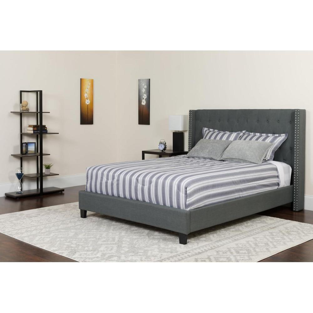 image:imageFlash Furniture Riverdale Queen Size Tufted Upholstered Platform Bed in Dark Gray Fabric with Memory Foam MattressDark Gray