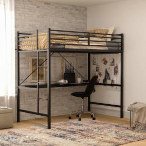 Flash Furniture Jake Loft Bed Frame with Desk – Twin Size – Black Metal Frame – 250 lbs. Static Weight Capacity – Protective Guard Rails – Assembles in 1 Hour or Less(Black)