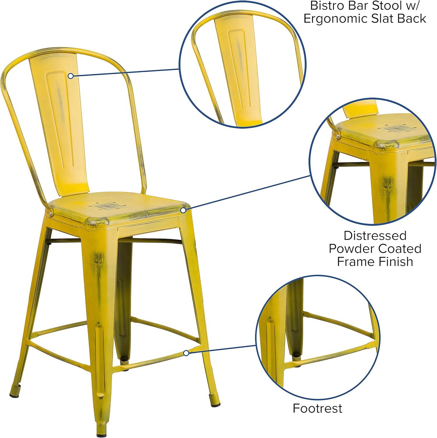 image:imageFlash Furniture Blake Commercial Grade 4 Pack 24 High Distressed Yellow Metal IndoorOutdoor Counter Height Stool with Back