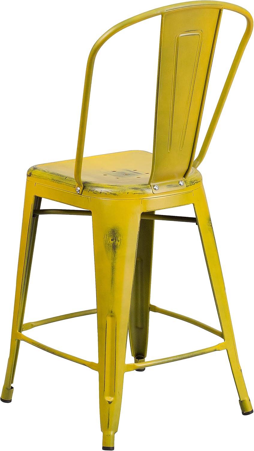 image:imageFlash Furniture Blake Commercial Grade 4 Pack 24 High Distressed Yellow Metal IndoorOutdoor Counter Height Stool with Back