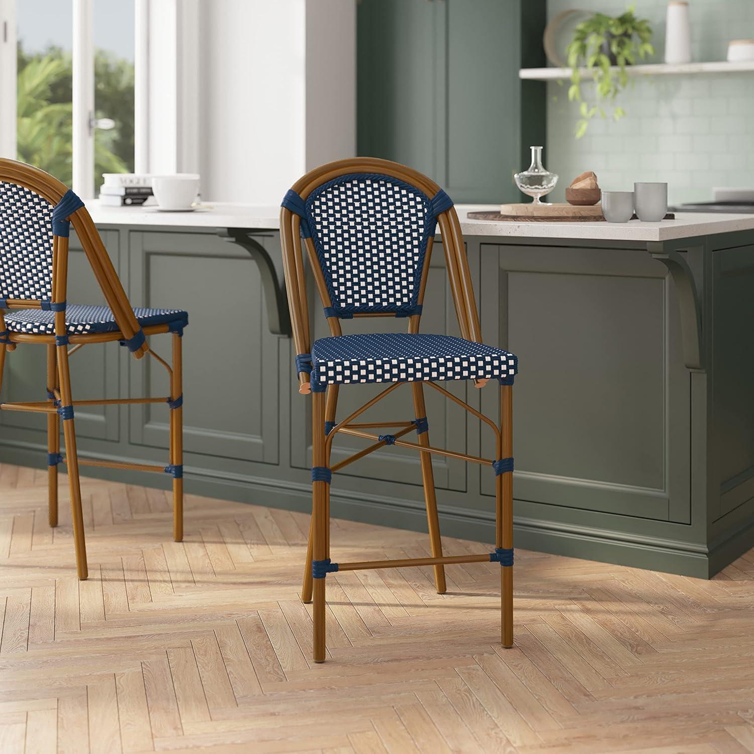 image:imageFlash Furniture Bordeaux Commercial Grade Bistro Counter Height Stool Stackable IndoorOutdoor Dining Stool 26 High Set of 2 NavyWhite and Natural FinishNavy WhiteNatural Frame