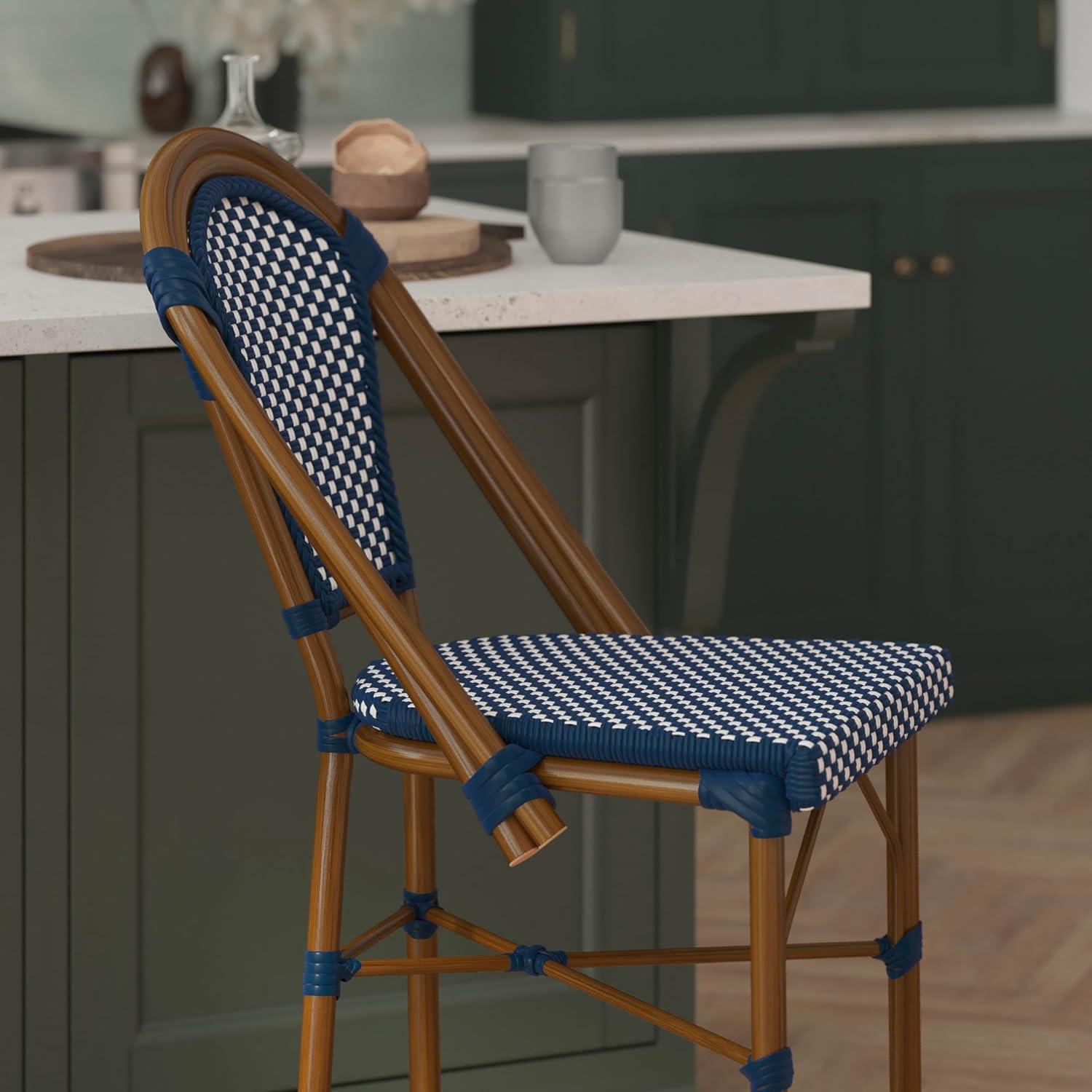 image:imageFlash Furniture Bordeaux Commercial Grade Bistro Counter Height Stool Stackable IndoorOutdoor Dining Stool 26 High Set of 2 NavyWhite and Natural FinishNavy WhiteNatural Frame