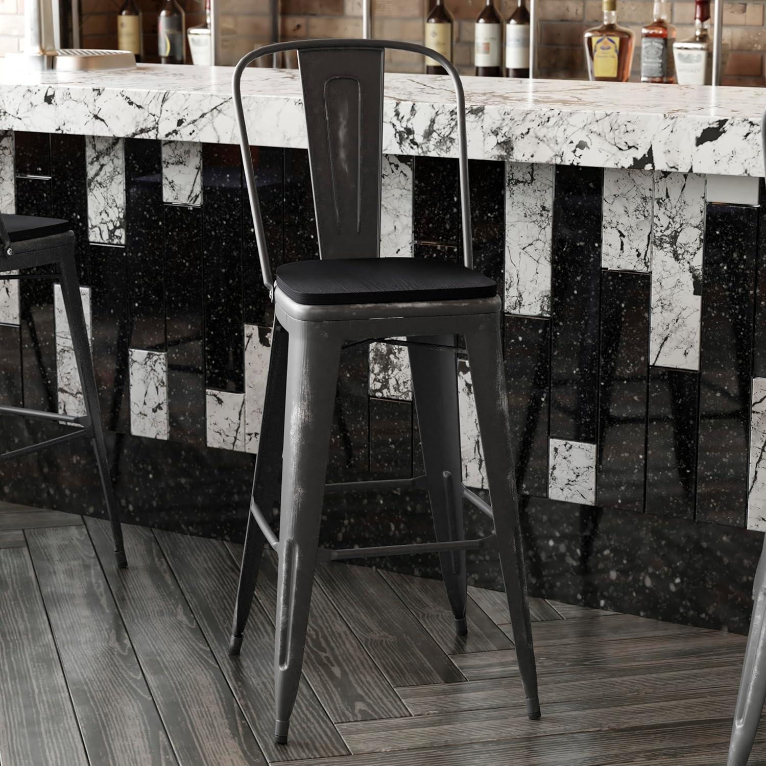image:imageFlash Furniture Carly Commercial Grade 30 High Black Metal IndoorOutdoor Bar Height Stool with Back and Black Polystyrene SeatBlackBlack