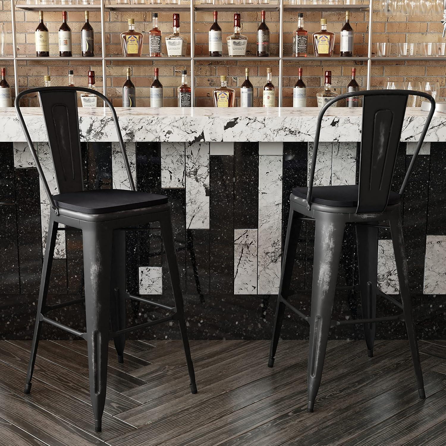 image:imageFlash Furniture Carly Commercial Grade 30 High Black Metal IndoorOutdoor Bar Height Stool with Back and Black Polystyrene SeatBlackBlack