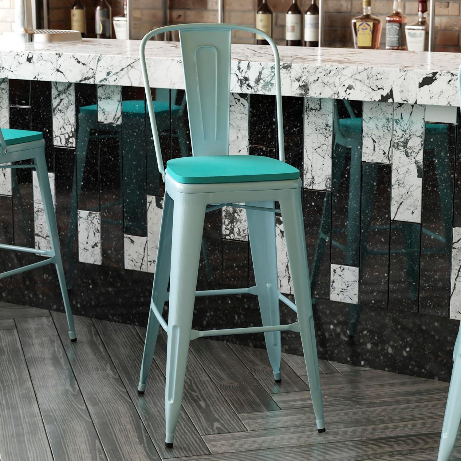 image:imageFlash Furniture Carly Commercial Grade 30 High Black Metal IndoorOutdoor Bar Height Stool with Back and Black Polystyrene SeatMint GreenMint Green