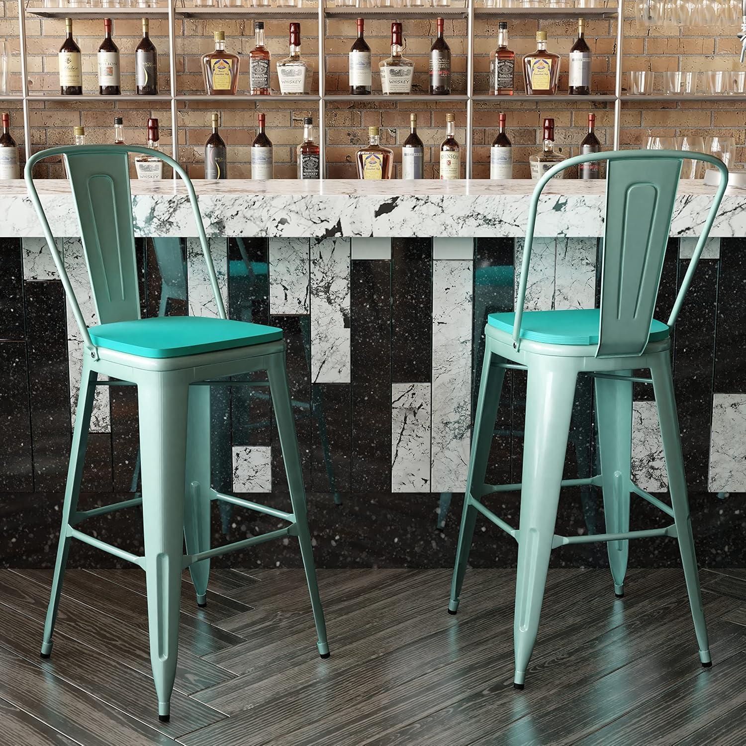 image:imageFlash Furniture Carly Commercial Grade 30 High Black Metal IndoorOutdoor Bar Height Stool with Back and Black Polystyrene SeatMint GreenMint Green
