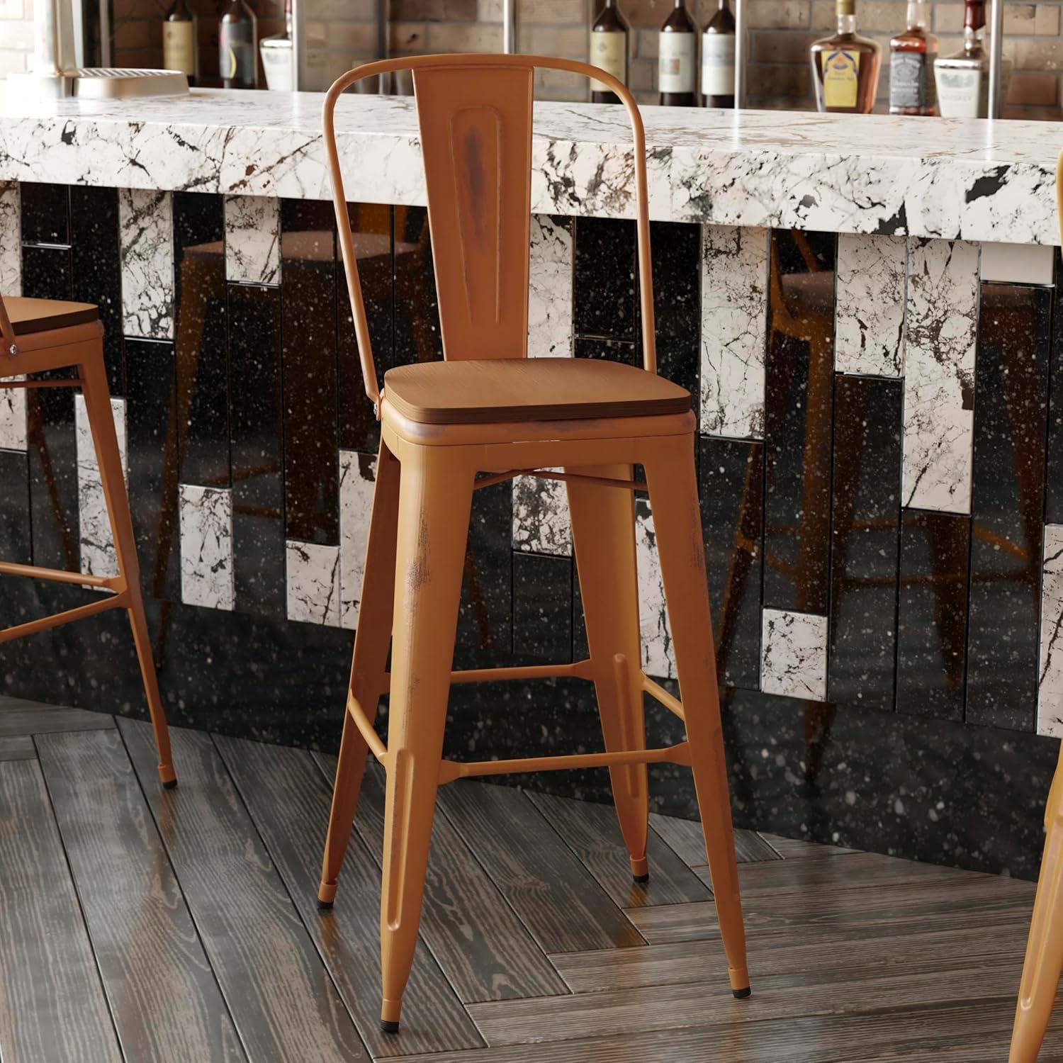 image:imageFlash Furniture Carly Commercial Grade 30 High Black Metal IndoorOutdoor Bar Height Stool with Back and Black Polystyrene SeatOrangeTeak