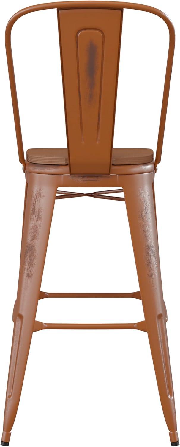 image:imageFlash Furniture Carly Commercial Grade 30 High Black Metal IndoorOutdoor Bar Height Stool with Back and Black Polystyrene SeatOrangeTeak