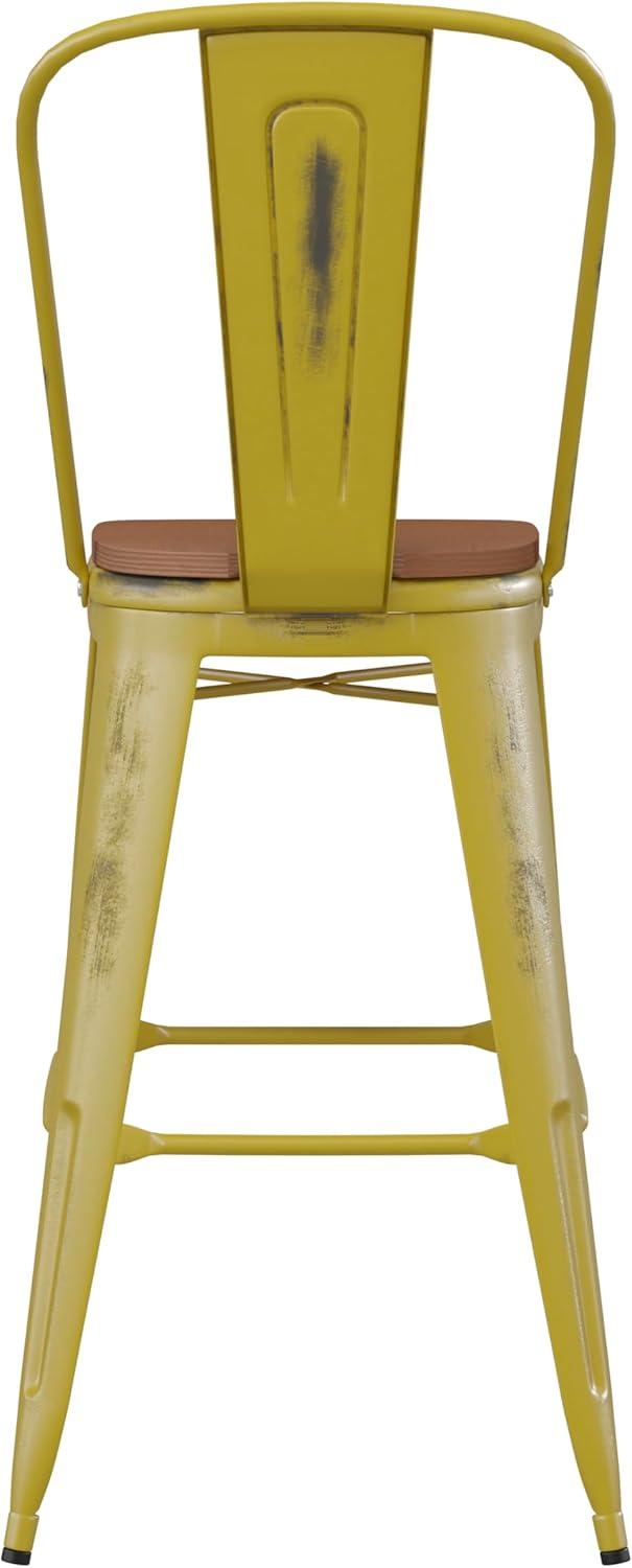 image:imageFlash Furniture Carly Commercial Grade 30 High Black Metal IndoorOutdoor Bar Height Stool with Back and Black Polystyrene SeatYellowTeak