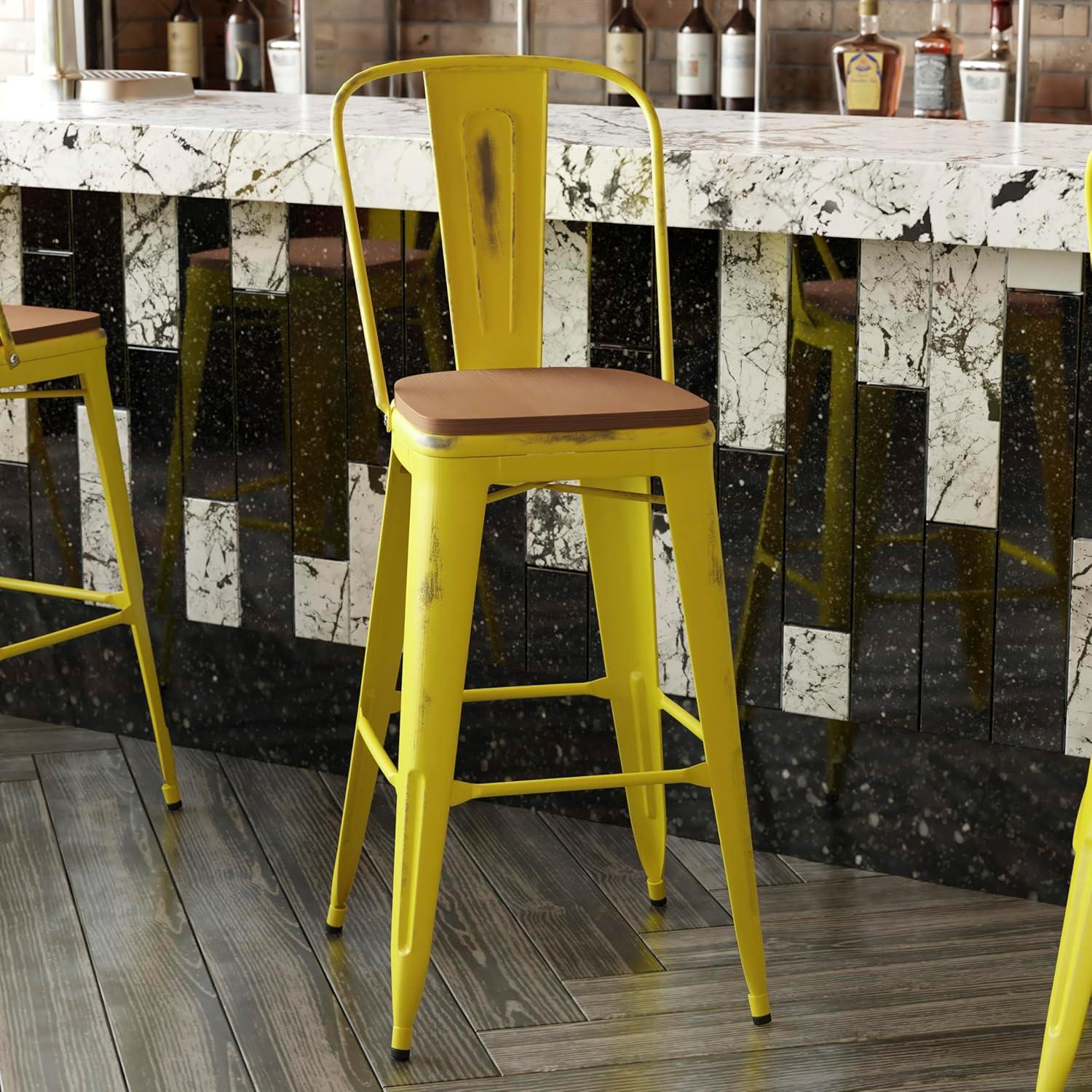 image:imageFlash Furniture Carly Commercial Grade 30 High Black Metal IndoorOutdoor Bar Height Stool with Back and Black Polystyrene SeatYellowTeak