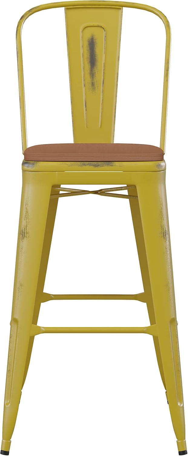 image:imageFlash Furniture Carly Commercial Grade 30 High Black Metal IndoorOutdoor Bar Height Stool with Back and Black Polystyrene SeatYellowTeak