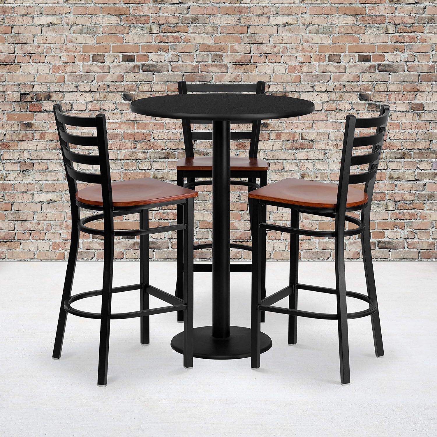 image:imageFlash Furniture Clark 30 Round Black Laminate Table Set with 3 Ladder Back Metal Barstools Cherry Wood Seat