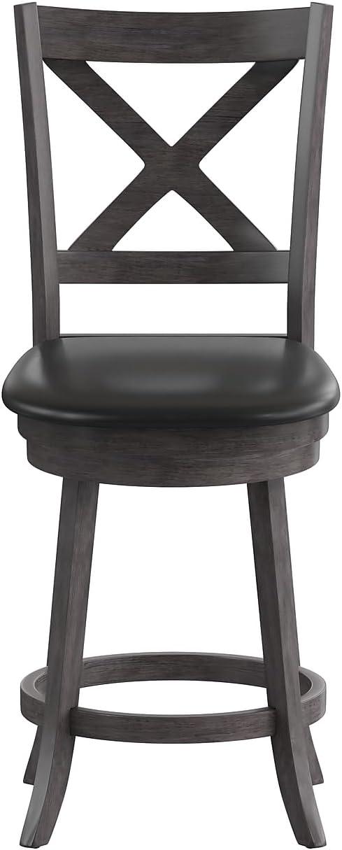 image:imageFlash Furniture Felicity Commercial Classic Crossback Barstool Antique Oak Wood Frame Black LeatherSoft Seat Counter Height 360 Swivel Seat FootrestBlack VinylGray Wash Walnut Frame