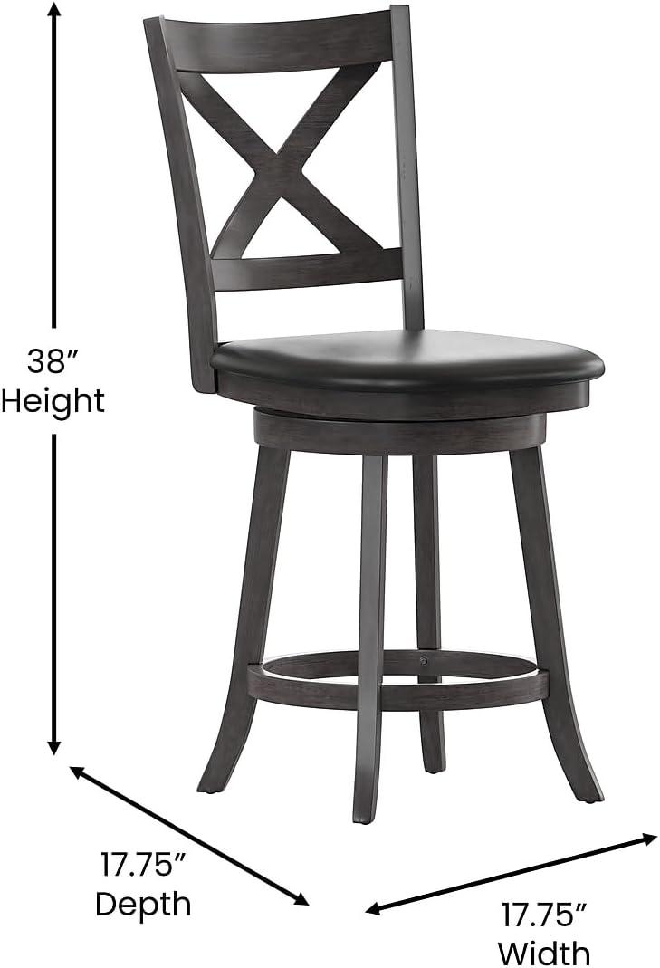 image:imageFlash Furniture Felicity Commercial Classic Crossback Barstool Antique Oak Wood Frame Black LeatherSoft Seat Counter Height 360 Swivel Seat FootrestBlack VinylGray Wash Walnut Frame